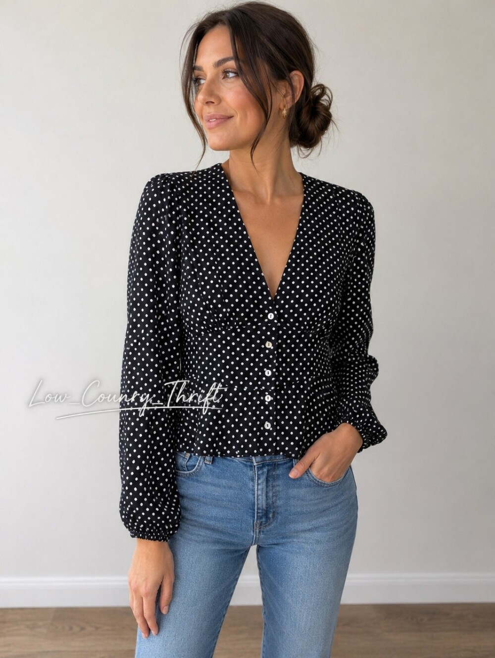 Free People Love Street XS Black White Polka Dot Peplum Button Front Top